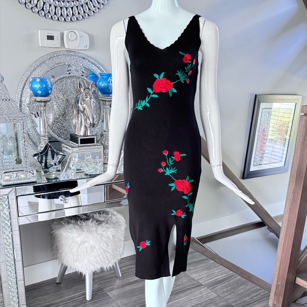 NWOT 🖤❤️ Black Sweater Knit Midi Dress with Floral Accents - Picture 12 of 17